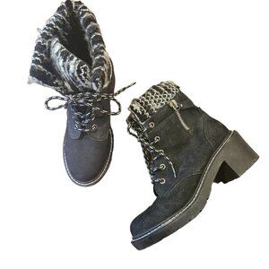 Shellys of London Black Suede Combat Moto Boots Knit Cuff 6.5
